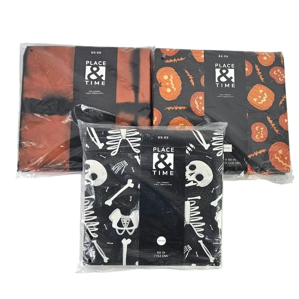 NOS‎ 3 Halloween Party Tableclothes Vinyl 2 round 1 lg oval skeletons pumpkins